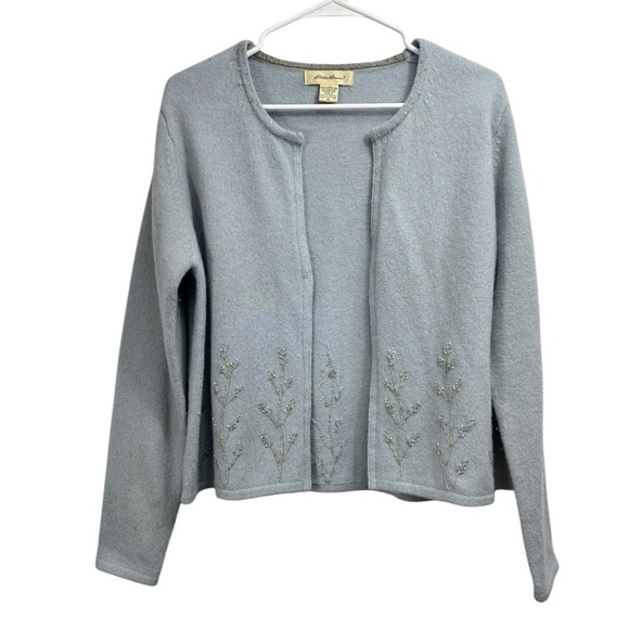Vintage Eddie Bauer Size Medium Lambswool Cardigan Sweater Beaded Embroidered - Picture 1 of 6